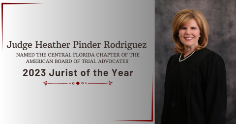 Image of Judge Heather Pinder Rodriguez announcing her being named the 2023 Jurist of the Year by the Central Florida Chapter of ABOTA