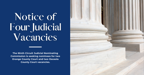 An image of courthouse columns with information about the call for applications for four judicial vacancies
