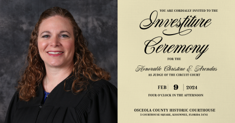 An invitation to the investiture of Judge Christine Arendas with an accompanying photo.