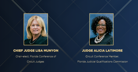 Images of Chief Judge Lisa Munyon and Circuit Judge Alicia Latimore on a dark blue background announcing their election to new leadership roles.