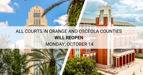 Split image of two courthouse with information stating Orange and Osceola County courts will reopen on Monday, October 14, 2024.